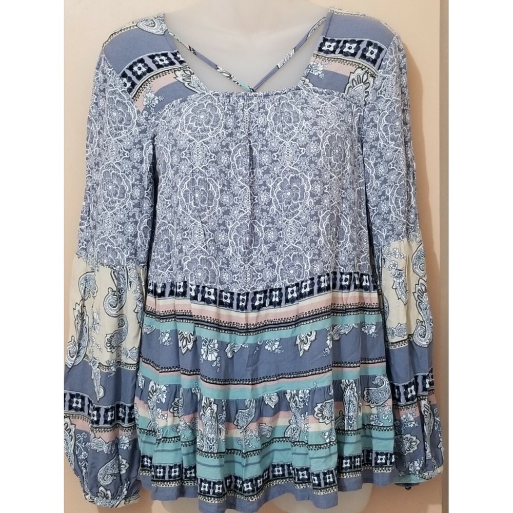 KNOX ROSE Blouse Womens XS Blue Loose Fit BOHO Cotttagecore Chic Vacation Comfy